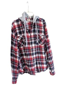 Passport Hooded Plaid Flannel, XL, Button Up Shacket